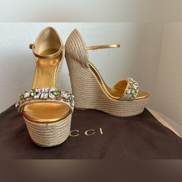 Gucci Rhinestone Ankle Strap Wedge Espadrilles. - Picture 3 of 11